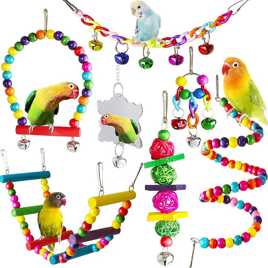 7-Piece Wood Parrot Toy Set - Swing Bridge Ball and Bell Cage Accessories