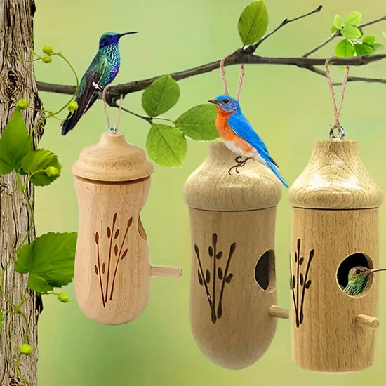 Wooden Hanging Hummingbird House - Chalet Mini Nest for Gardens