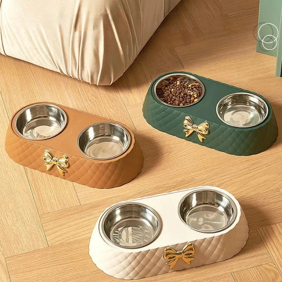 Bowtie Double Pet Bowl - Food and Water Dish for Dogs and Cats